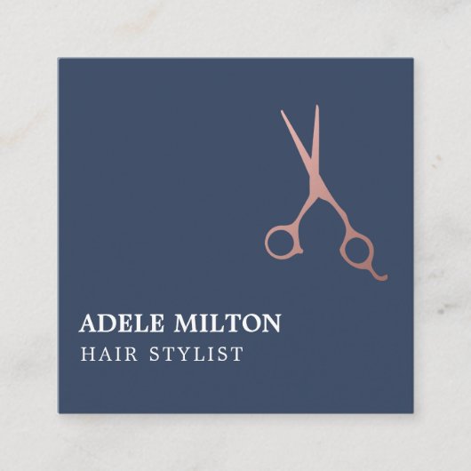 ブルーモダンエレガントバラ金ゴールド美容師 スクエア名刺 (正面)
