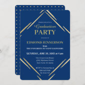 ブルーモダンエレガント金ゴールド2025卒業パーティー 招待状 (正面/裏面)