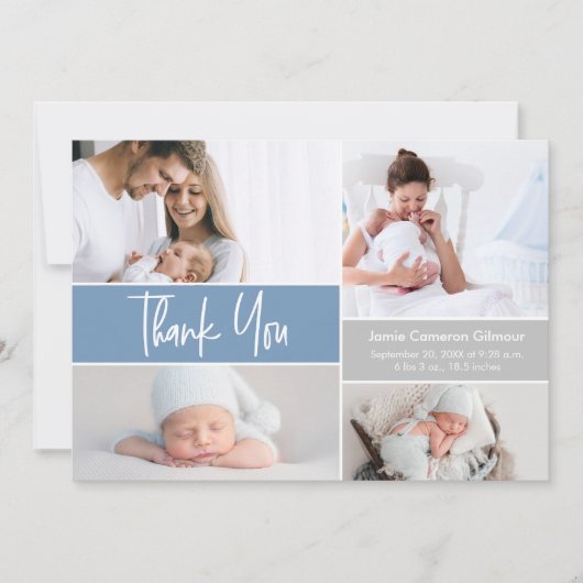 ブルーモダンカスタムフォトコラージュ男の赤ちゃんシャワー サンキューカード (正面)