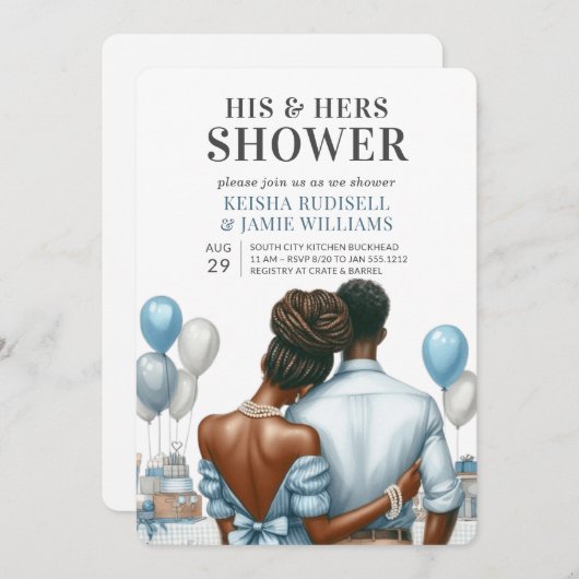 ブルーモダンカップルズシャワーブライダルシャワー 招待状 (正面/裏面)