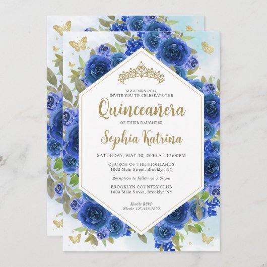 ブルーモダンガーリーフローラ金ゴールドキンセアニラ 招待状 (正面/裏面)