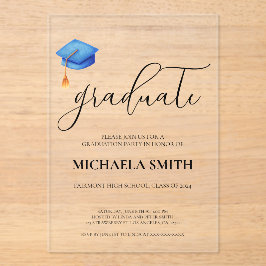 ブルーモダンキャップ高校写真卒業パーティー アクリル招待状