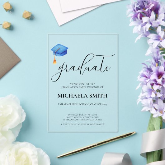 ブルーモダンキャップ高校写真卒業パーティー アクリル招待状 (インサイチュ (ウェディング))