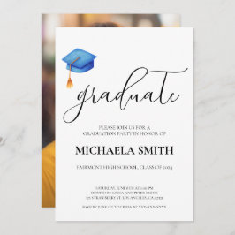 ブルーモダンキャップ高校写真卒業パーティー 招待状