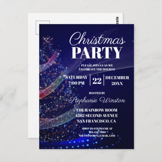 ブルーモダンクリスマスツリーパーティの招待状 ポストカード (正面/裏面)