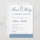 ブルーモダンクロスファースト聖餐式招待状 案内状 (正面)