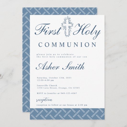 ブルーモダンクロスファースト聖餐式招待状 案内状 (正面/裏面)