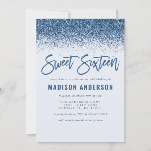 ブルーモダングリッタースウィート16バースデーパーティー 招待状 (正面)