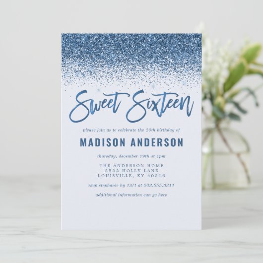 ブルーモダングリッタースウィート16バースデーパーティー 招待状 (スタンド正面)
