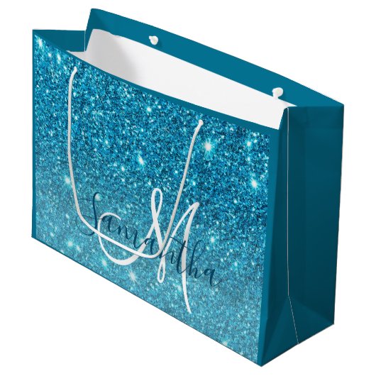 ブルーモダングリッタースパークル名パーソナライズされた称 ラージペーパーバッグ (正面アングル)