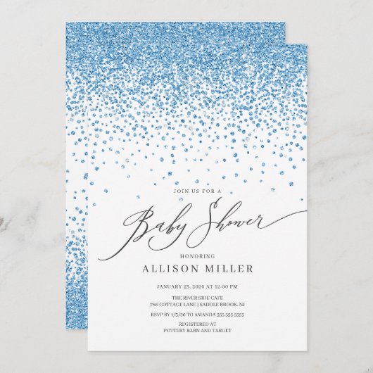 ブルーモダングリッターボーイズ赤ちゃんシャワー 招待状 (正面/裏面)