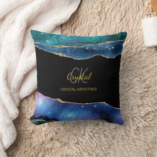 ブルーモダングリーン金ゴールドグリッターモノグラム クッション (ブランケット)