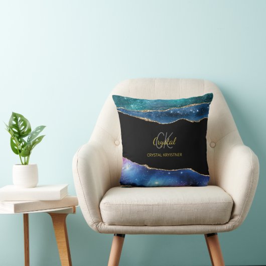 ブルーモダングリーン金ゴールドグリッターモノグラム クッション (椅子)