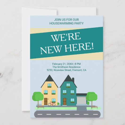 ブルーモダング名門私立校風のリーン引っ越し祝いパーティーパーティー招待状 招待状 (正面)