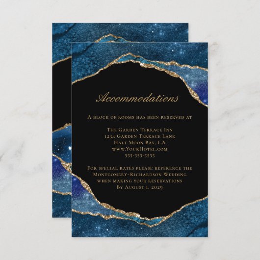 ブルーモダンゴールドフォイルアゲート結婚ト宿泊施設 エンクロージャーカード (正面/裏面)