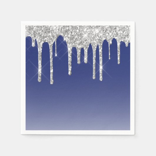 ブルーモダンシルバーグリッタードリップ スタンダードカクテルナプキン (正面)