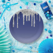 ブルーモダンシルバーグリッタードリップ ペーパープレート (パーティー)