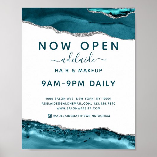 ブルーモダンシルバーグリッターヘアサロンオープンサイン ポスター (正面)