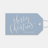 ブルーモダンシンプルカリグラフィメリークリスマス ギフトタグ (正面(横))