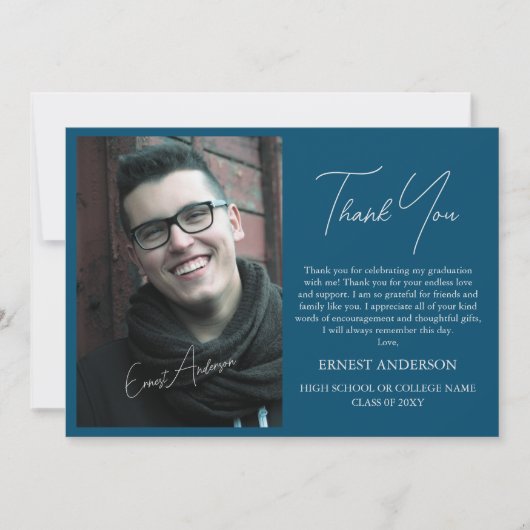 ブルーモダンシンプルフォト卒業サンキューカード 招待状 (正面)