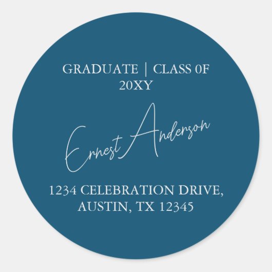 ブルーモダンシンプル差出人住所卒業式シール ラウンドシール (正面)
