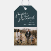 ブルーモダンシンプルScriptフォトハッピーホリデー ギフトタグ (正面)