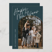 ブルーモダンスクリプトハッピー新年アーチ2写真 シーズンカード (正面/裏面)