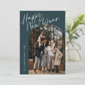 ブルーモダンスクリプトハッピー新年アーチ2写真 シーズンカード (スタンド正面)