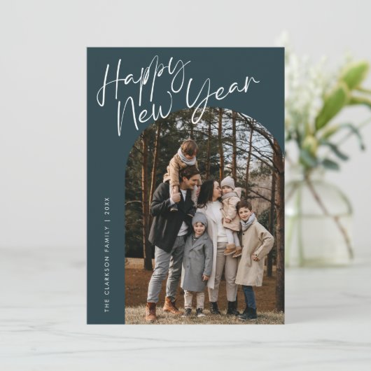 ブルーモダンスクリプトハッピー新年アーチ2写真 シーズンカード (スタンド正面)