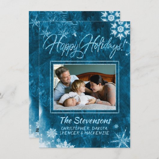 ブルーモダンスグランジスノーフレーク写真ハッピー シーズンカード (正面/裏面)