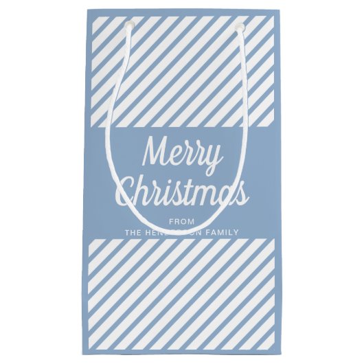 ブルーモダンストライプクリスマススクリプト スモールペーパーバッグ (正面)