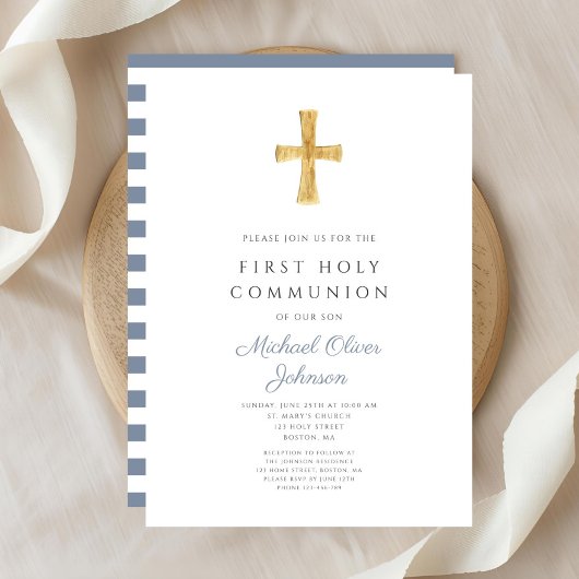 ブルーモダンストライプボーイファーストコミュニオン 招待状