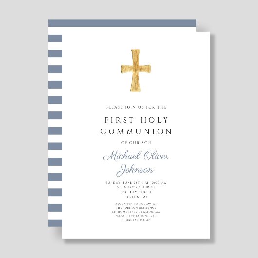 ブルーモダンストライプボーイファーストコミュニオン 招待状