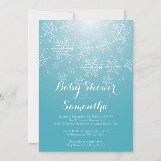 ブルーモダンスノーフレークボーイズベビーシャワー招待状 招待状 (正面)