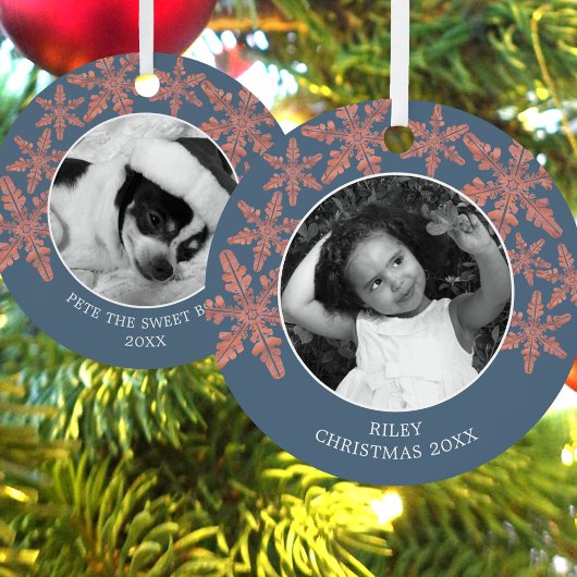 ブルーモダンス素朴スノーフレーク2フォトシック メタルオーナメント