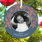 ブルーモダンス素朴スノーフレーク2フォトシック メタルオーナメント