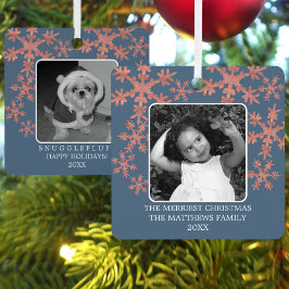 ブルーモダンス素朴スノーフレーク2写真かわいい休日 メタルオーナメント