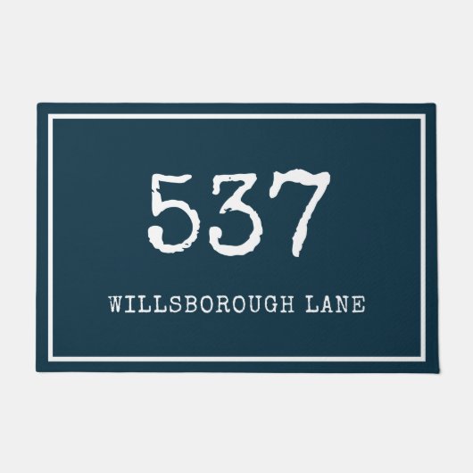 ブルーモダンタイプライターハウス番号通り ドアマット (正面)