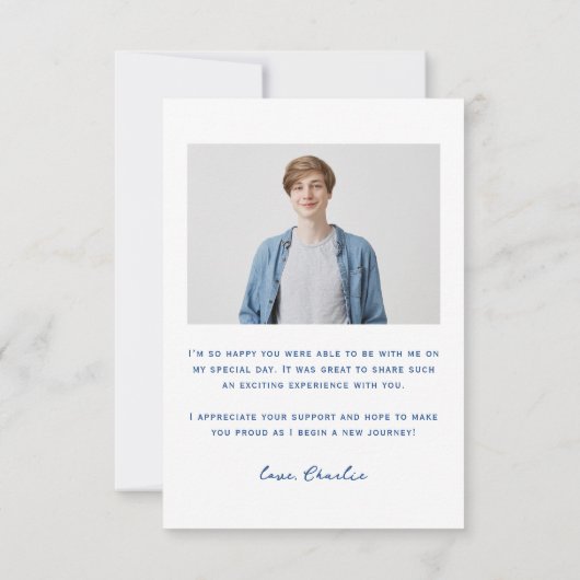 ブルーモダンタイポグラフィシンプル写真卒業 サンキューカード (裏面)