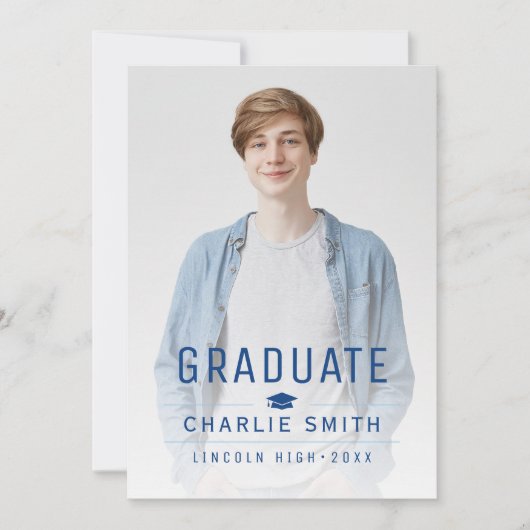 ブルーモダンタイポグラフィシンプル写真卒業 招待状 (正面)