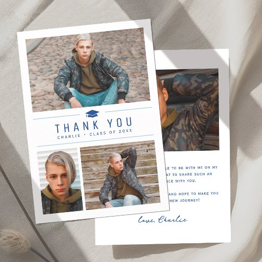 ブルーモダンタイポグラフィシンプル4写真卒業 サンキューカード