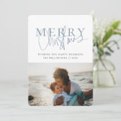 ブルーモダンタイポグラフィフォトクリスマス シーズンカード (スタンド正面)