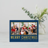 ブルーモダンタイポグラフィフォトコラージクリスマス 箔シーズンポストカード (立ち正面)