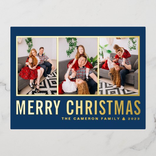 ブルーモダンタイポグラフィフォトコラージクリスマス 箔シーズンポストカード (正面)