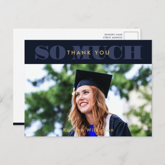 ブルーモダンタイポグラフィ写真卒業 ポストカード (正面/裏面)