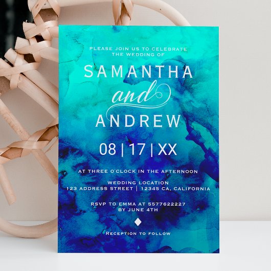 ブルーモダンターコイズウォーターカラーエレガントな結婚式 招待状