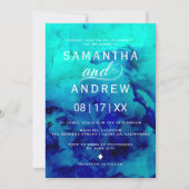 ブルーモダンターコイズウォーターカラーエレガントな結婚式 招待状 (正面)