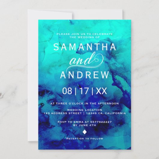 ブルーモダンターコイズウォーターカラーエレガントな結婚式 招待状 (正面)