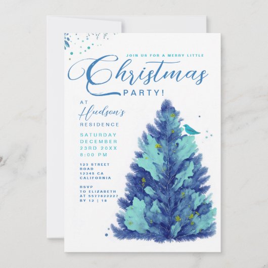 ブルーモダンターコイズメリークリスマスツリーパーティー 招待状 (正面)