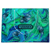 ブルーモダンティール（緑がかった色）グリーンリキッドアート ラージペーパーバッグ (正面)